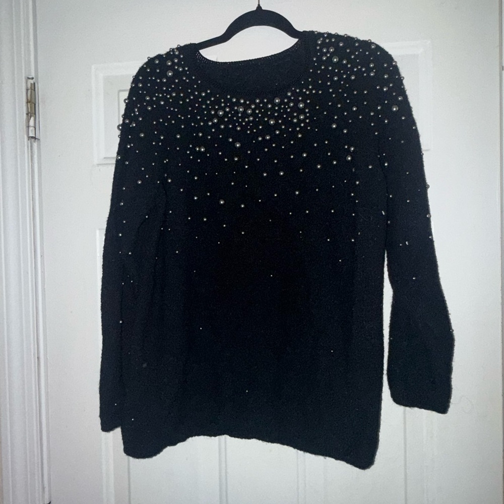Black Sweater with Pearl Embellishments